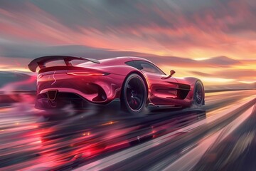 A classic red sports car with a prominent tail fin races down a deserted road, silhouetted against a fiery sunset.