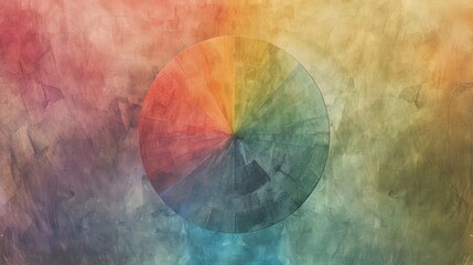 Fototapeta premium Simplistic watercolor backdrop with a subtly textured wooden color wheel, abstract color fields surrounding it in soft, blending strokes