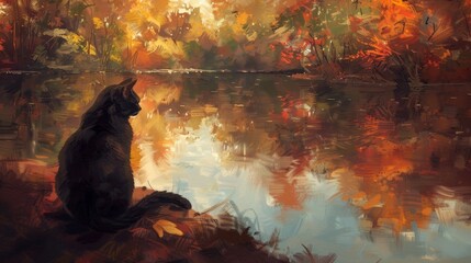 Stylized oil painting of a serene cat sitting by a tranquil pond, reflections of autumn trees in the water creating a soothing atmosphere