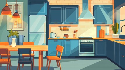 Modern cartoon illustration of a kitchen interior with a dining table, a counter, a fridge, a stove and cabinetry. An empty room for cooking in an apartment with retro furniture, a hood and a growing