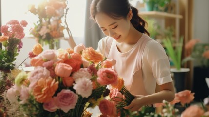 Asian woman florist creating wedding bouquet in flower shop. Small business - Powered by Adobe
