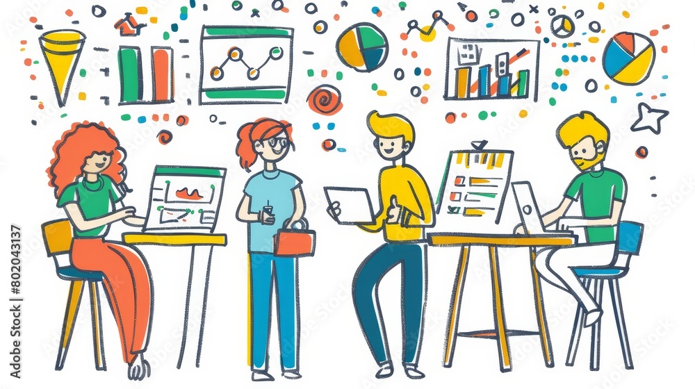 Poster modern illustration of data analysis with man and woman working on dashboard and graphs and charts. 