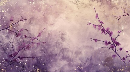 Vintage-style watercolor of isolated plum branches, detailed and delicate, set against a soft, abstract purple and gold splattered background