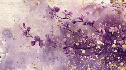 Vintage-style watercolor of isolated plum branches, detailed and delicate, set against a soft, abstract purple and gold splattered background
