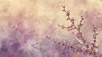 Vintage-style watercolor of isolated plum branches, detailed and delicate, set against a soft, abstract purple and gold splattered background - obrazy, fototapety, plakaty
