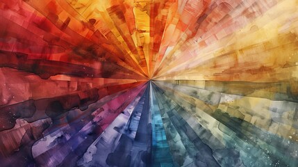 Watercolor abstract background with a burst of colors radiating from a central three-dimensional wooden color wheel, creating dynamic energy