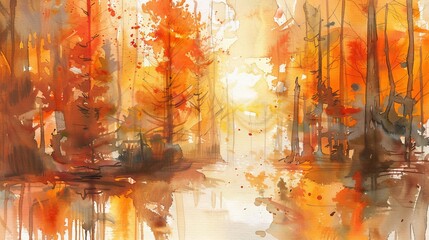 Watercolor abstraction of an autumn forest scene, using loose brush strokes in fiery fall colors to evoke a feeling of warmth and energy