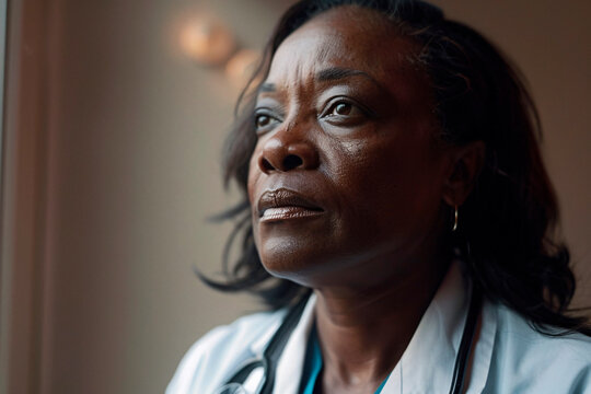 A mature African American female doctor gazes thoughtfully out of a window, pondering