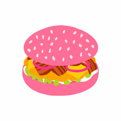 Burger with pink bun, chicken cutlet, lettuce leaf, sauce, bacon, cheese, onion. Flat icon in cartoon style. Vector illustration isolated on white background. For menu, poster, infographic, restaurant
