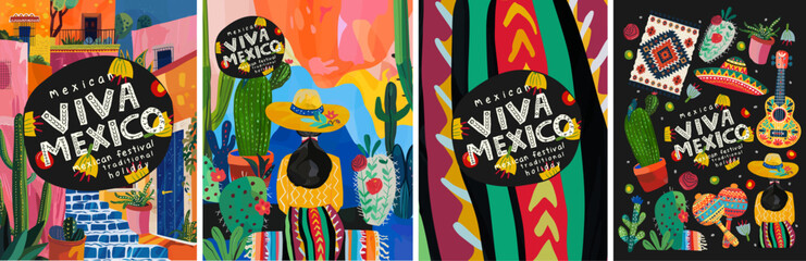 Viva Mexico. Vector cute abstract illustration of Mexican street in Mexico City, Woman in sombrero, cactus, traditional pattern or ornament for Cinco de Mayo greeting card, poster or background