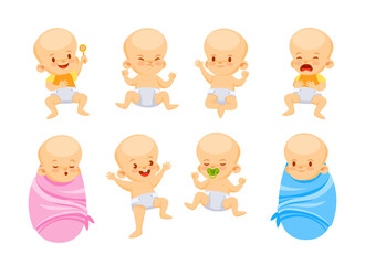 Set of babies in different poses with different emotions in a cute cartoon style.