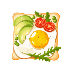 Vector healthy sandwich with avocado slices,fried egg,tomatoe slices,green peas and spices.
