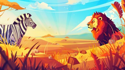 Fototapeta premium Modern landing pages of safari park with cartoon illustrations of wild animals and a savanna landscape in Africa. Zebra and lion banners with zebra and lion in savannah.