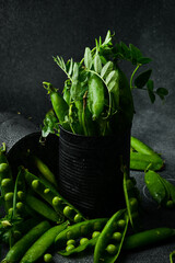 Green peas, pods and leaves in a metal jar, on a dark background, close-up, side view.