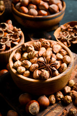 Hazelnut nut health organic brown filbert autumn background concept. Food background.