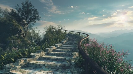 A captivating image of a winding staircase, leading the viewer up to a scenic overlook, inspiring a leisurely ascent and a moment of contemplation on World Sauntering Day.