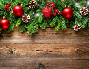 Weihnachtsschmuck Tannenzweig am oberen rand auf Holzhintergrund, Draufsicht 