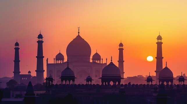 Silhouette of jama masjid in India, in sunset