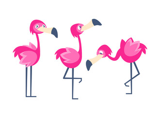 Pink flamingo character in different poses in cute cartoon style.