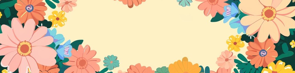 A beige center surrounded by vivid flowers and leaves, perfect for custom messaging. Background. Wallpaper. Banner. Copy space.