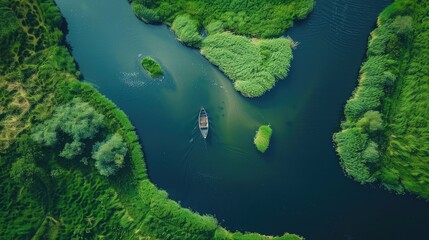 A captivating image of a winding river, with a small boat drifting along the current, capturing the peaceful and unhurried pace of a leisurely journey on World Sauntering Day.