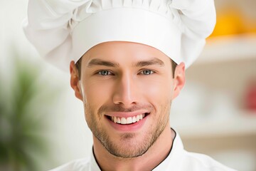 Professional male chef with a joyful and radiant smile captured in a kitchen setting