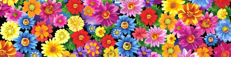 Vibrant multicolored flower pattern set against a black background. Wallpaper. Banner.