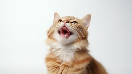 Happy cat laughing while sitting isolated on white background.