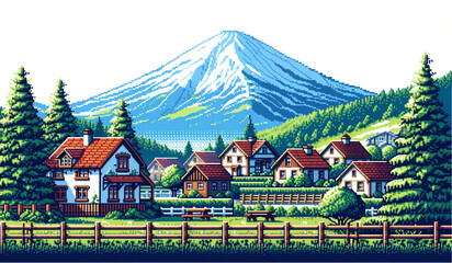 beautiful scene village with background mountain and forest pixel art illustration