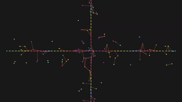 A mesmerizing web of multi-colored lines on a black background form an intricately designed grid-like pattern, resembling a map or graph, symbolizing interconnectivity