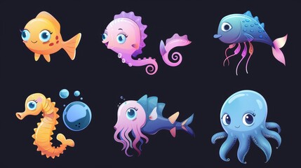 Fish, seahorse, jellyfish, octopus and other cute underwater creatures isolated on black background. Modern of aquarium characters, funny marine animals, puffer fish.