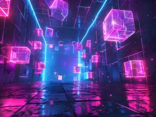 Fototapeta premium Surreal 3D Render of Cyberspace Environment with Floating Geometric Shapes and Ethereal Elements