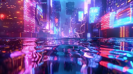 Obraz premium Psychedelic 3D Neon Cityscape Melting and Dripping in a Surreal, Vibrant Display