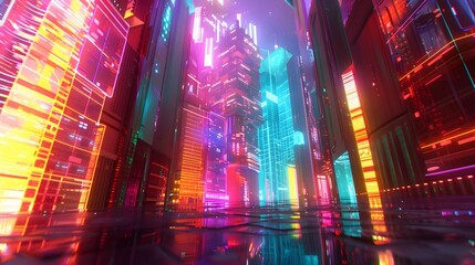 Naklejka premium Psychedelic 3D Neon Cityscape Melting and Dripping in a Surreal, Vibrant Display