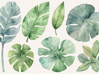 Watercolor painting, tropical leaves Bright colors and bright textures feel rich. on a white background