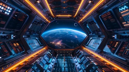 Futuristic space station interior with ambient lighting hightech control panels and Earth view . Concept Sci-fi, Space Station, Ambient Lighting, High-Tech, Earth View