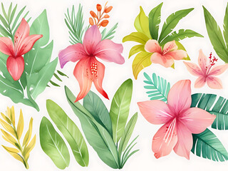 Watercolor painting, collection of vibrant tropical flowers in various shapes and sizes of hibiscus flowers.