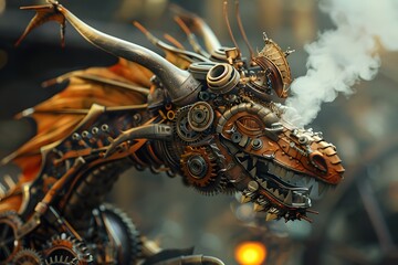 Steampunk Dragon Breathing Steam in a Creative Mechanical World