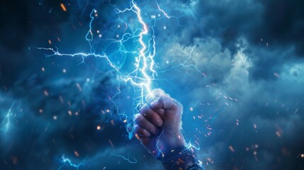 Hand holding up a lightning bolt. Energy and power. Stormy background. Blue glow. Zeus, thor