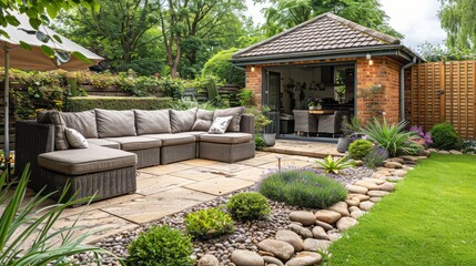 A beautiful garden with a patio, sofa, and flowers.