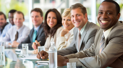 Fototapeta premium Portrait of happy business people sitting at table during conference in office 