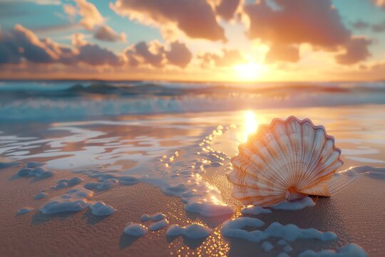 Incorporate a beach scene with a seashell close-up under a vibrant sunset, merging travel and tranquility with intricate minimalistic patterns
