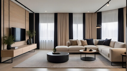 The apartment living space is designed with a modern and cozy sofa in beige tones, a black frame table and shelves, and indrect lighting.