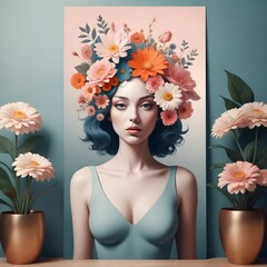 Female surreal art poster with flowers, abstract living room woman concept art for print
