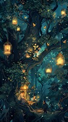 Naklejka premium Pixies Weaving a Magical Tapestry in a Lush, Enchanted Forest