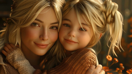 Animated Mother and Daughter Sharing a Warm Embrace - obrazy, fototapety, plakaty