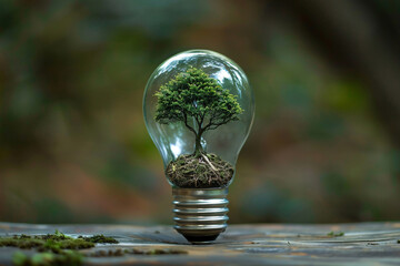 A light bulb with a green plant growing inside, sustainability concept, green energy concept