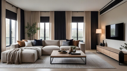 The apartment living space is designed with a modern and cozy sofa in beige tones, a black frame table and shelves, and indrect lighting.