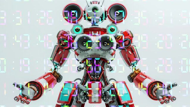 Sequence of Audio robots with speakers and sub woofers on their body