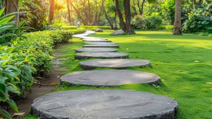 Stepping stones in a lush green garden create a peaceful and inviting atmosphere.